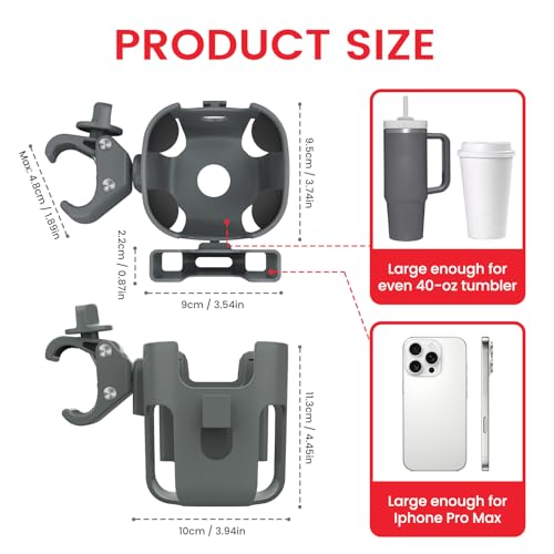 Stroller Cup Holder Attachment with Phone Holder Grey