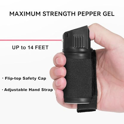 3-in-1 Personal Security Set – 130dB Personal Safety Alarm, Door Handle Alarm & LED Flashlight, Maximum Strength Pepper Spray Gel, Flip-Top Safety Cap, Adjustable Hand Strap for Runners - color: Black/Black, style: 40ML