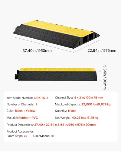 VEVOR Cable Protector Ramp, 22,000 lbs/axle Capacity, 2 Channel Heavy Duty Rubber Cord Hose Wire Cover, 4 x 3 in Channel, Traffic Speed Bump with Flip-Open Top Cover, for Indoor Outdoor Use, 1 Pack - style: 2 Channel-1 PC