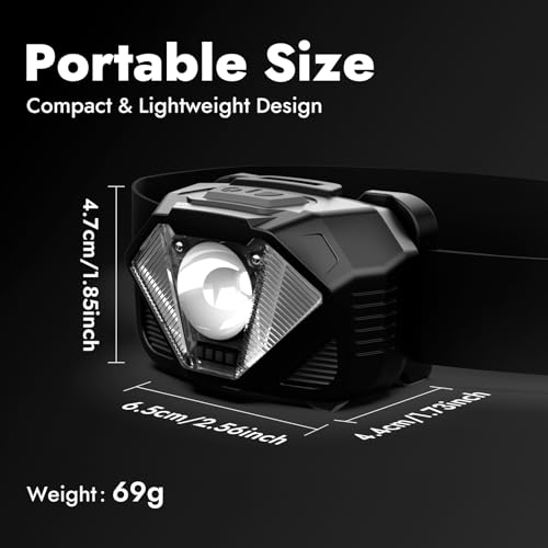 WARSUN WH02 LED Headlamp, Rechargeable Headlamp with Motion Sensor, Ultra-Light Bright Head Light with Dual Power, 5 Modes Red White Light for Hiking, Running, Fishing
