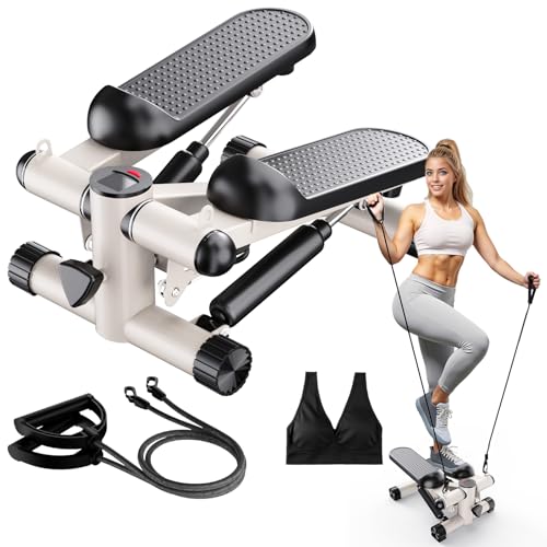 2-in-1 Mini Stepper Machine with Resistance Bands, Compact Under Desk Stair Stepper with Adjustable Hydraulic Resistance, Quiet Low Impact Cardio Stepper with LCD for Home Gym Office