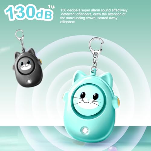 Personal Safety Alarm Keychain, 130dB Loud Siren, LED Light, Cute Cat Design Security Device for Women, Children, Elderly - color: Green