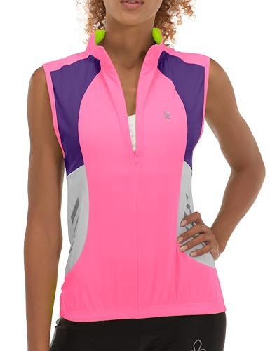 Little Donkey Andy Women's Half Zip Breathable Cycling Vests Reflective Sleeveless Jerseys Shirts Golf 4 Rear Pockets - color: Upgraded Pink, size: XX-Large