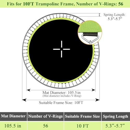 Trampoline Replacement Mat, Dia:105.5", Fits 10ft Frame, with 54/56/60/64 V-Rings for Choose and Spring Tool, Fits 5.3"-5.7" Springs, UV-Resistant - size: 56 V-Rings | 105.5" Diam