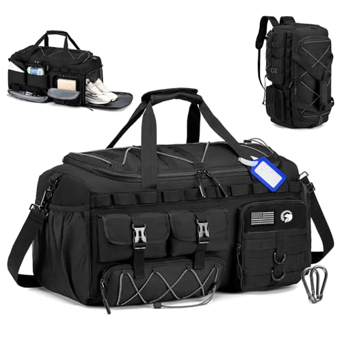 Tactical Gym Bags for Men, Carry On Luggage 22x14x9 Airline Approved, 3 in 1 Duffle Bag with Shoe Compartment,Travel Backpack Weekender Overnight Range Bag for Workout Football, Black - color: Black, size: 50L