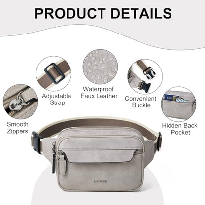 LATMAP 3L Fanny Packs for Women Cross Body Bag Leather Belt Bag Greyish - color: Light Grey