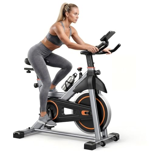 NEWBULIG Exercise Bike with APP, Stationary Bikes for Home, Workout Bike for Adults & Seniors, Cycle Machine, Adjustable Height and Resistance, Low Noise, 265lbs Weight Capacity, Easy Assembly - color: Silver Orange