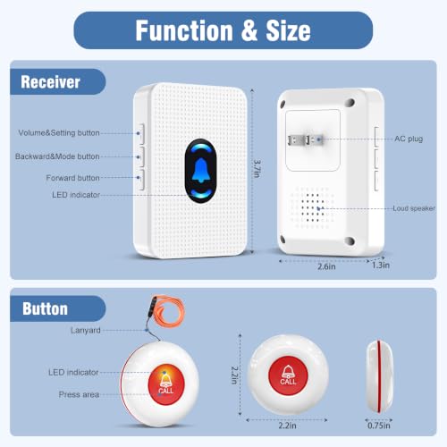 Daytech Caregiver Pager Call Button for Elderly at Home, Medical Alert System for Seniors, Emergency Help Watch for Disabled Patients, Wireless Life Alert with Portable Receiver - size: 2 watches+2 call buttons+3 receivers