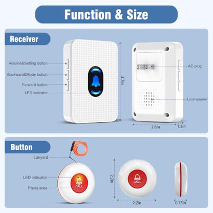 Daytech Caregiver Pager Call Button for Elderly at Home, Medical Alert System for Seniors, Emergency Help Watch for Disabled Patients, Wireless Life Alert with Portable Receiver - size: 2 watches+2 call buttons+3 receivers