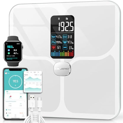ABLEGRID Body Fat Scale,Digital Smart Bathroom Scale for Body Weight, Large Color Display Screen, 22 Body Composition Metrics BMI, Water Weigh, Heart Rate, Baby Mode, 400lb, Rechargeable (White) - color: White