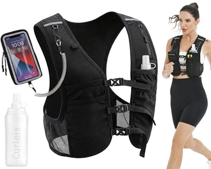 Running Vest with Touchscreen Phone Holder, 500ml/17oz Water Bottle Vest, Reflective Hydration Vest, 6 Pockets Zip Runners Vest – Lightweight, Adjustable, Breathable, Unisex - size: Small