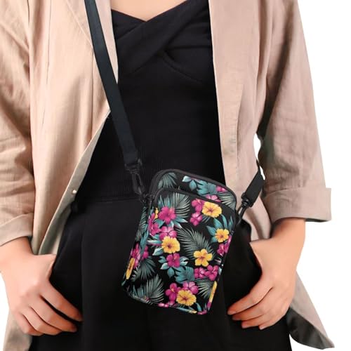 Hawaiian Tribal Small Crossbody Bags for Women Cell Phone Bag Purse, Sea Turtle Zipper Sling Purses Shoulder Bag - color: Hibiscus Palm Leaf