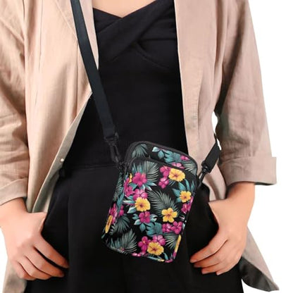 Hawaiian Tribal Small Crossbody Bags for Women Cell Phone Bag Purse, Sea Turtle Zipper Sling Purses Shoulder Bag - color: Hibiscus Palm Leaf
