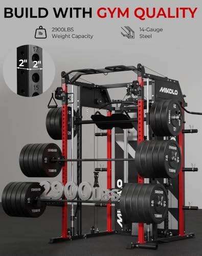 Mikolo Smith Machine with Weight Stack, Power Cage Home Gym System with LAT Pulldown & Cable Crossover, Multi-Functional Trainer with Dual Pulley System, Includes 10+ Free Attachments - color: Red
