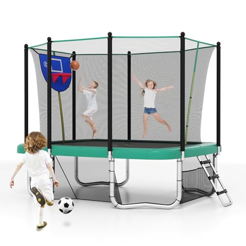 GYMAX Trampoline Outdoor, 10 x 8FT Rectangle Trampoline with Basketball Hoop, Soccer Goal, Anti-Slip Ladder & Shoes Storage, Heavy Duty Backyard Trampolines for Kids & Adults - color: Green