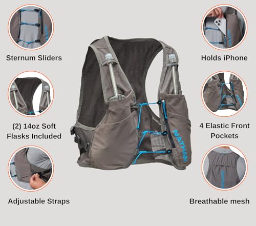 Nathan Hydration Vest - Lightweight, Quick-Fit Fix, Reflective, 4L Storage, Six Pockets, Two 14oz Flasks, Pinnacle Breeze - size: XX-Large, style: Charcoal