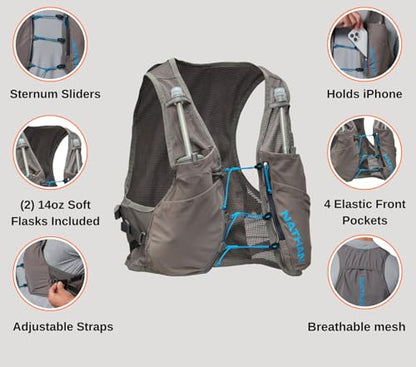Nathan Hydration Vest - Lightweight, Quick-Fit Fix, Reflective, 4L Storage, Six Pockets, Two 14oz Flasks, Pinnacle Breeze - size: XX-Large, style: Charcoal