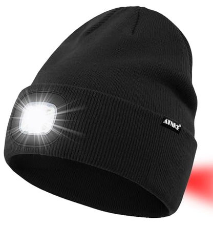 ATNKE LED Lighted Beanie Hat,USB Rechargeable 8 LED Red Glow Flashing Alarm Running Headlamp Cap Gifts for Men and Women - color: #Black