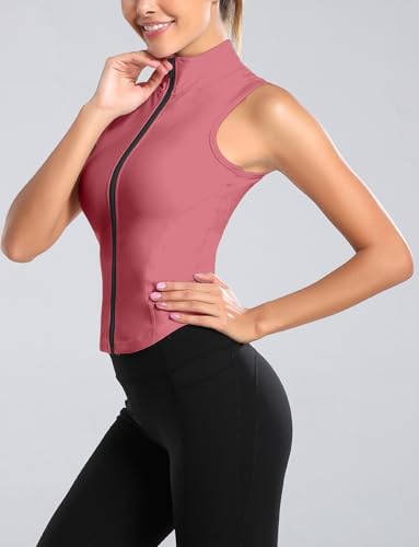 FEOYA Women Sleeveless Athletic Tank Top Shirts Full Zip Up Tshirt for Yoga Running Fitness Exercise - color: Upgrated Pink, size: Large