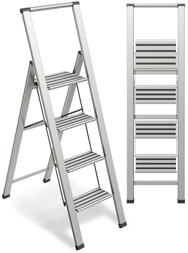 Step Ladder 4 Step Folding, Decorative - Modern Beautiful Aluminum, Lightweight, Ultra Slim Profile, Anti Slip Steps, Sturdy-Portable for Home, Office, Kitchen, Photography Use,By SORFEY - color: Aluminum, size: 4-Step