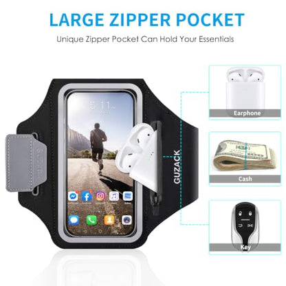 GUZACK Running Armband with Zipper Pouch, Running Phone Holder,Up to 6.9" - color: Black Zipper (Up to 6.9"), size: M