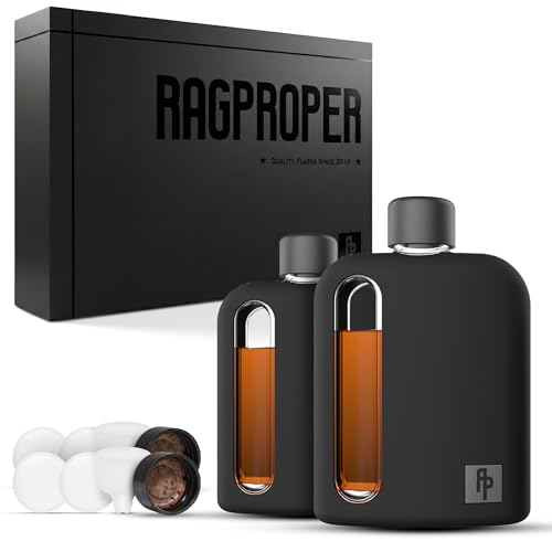 Ragproper Glass Hip Flask Set for Men – Modern Whiskey & Liquor Flasks with Cork & Silicone Lid Liner, Durable Silicone Cover, Firm Grip & Curved Edges – 100ml Single Shot and 240ml Double Shot, Black - color: Silicone Black, size: 2 Pack (3.4 + 8 oz)