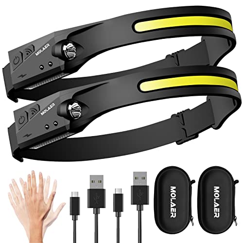 LED Headlamp Rechargeable Flashlight, 2-Pack 230° Wide Beam Headlight with Motion Sensor, Lightweight, Weatherproof, 2 Light Source Head Lamp for Camping Hiking Running Outdoor - Adults and Kids - color: 2 Pack