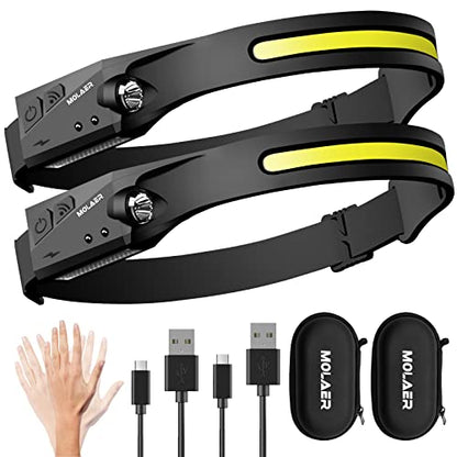 LED Headlamp Rechargeable Flashlight, 2-Pack 230° Wide Beam Headlight with Motion Sensor, Lightweight, Weatherproof, 2 Light Source Head Lamp for Camping Hiking Running Outdoor - Adults and Kids - color: 2 Pack