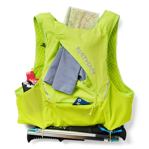 Nathan Hydration Vest 12L for Running & Hiking - Quick-Fit Adjustments, Breathable Mesh, 1.6L Insulated Bladder, Lightweight 8.8 oz, 6 Power Mesh Pockets, Diagonal Zip - Pinnacle Pro - size: Medium, style: Finish Lime/Reflective Silver