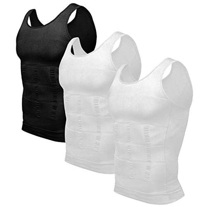 Odoland Men Compression Shirt 3 Pack Body Shaper Vest Tank Top - color: Black/White/White, size: XX-Large