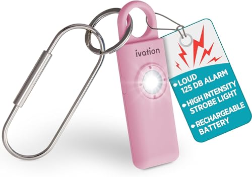 Ivation Personal Rechargeable SOS Alarm, Pocket Size Loud 130dB Sound Safety Siren & LED Panic Strobe Light with Carabiner Keychain Clip for Women, Children & Seniors, Pink - color: Pink