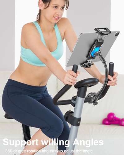 Gooseneck Spin Bike Tablet Holder [Large Clamp] [Thick Case Friendly] Treadmill Tablet Mount for Exercise Bike, Stationary Bicycle, Stroller, Wheelchair for iPad Pro Air Mini, Galaxy, iPhone (6-15.6”)