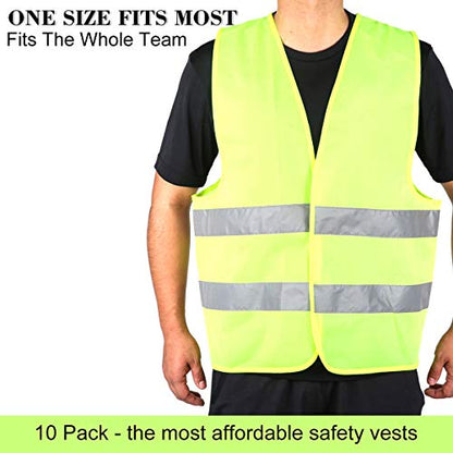DUSKCOVE 10 Pack High Visibility Safety Vest for Traffic Work, Running, Surveyor and Security Guard - Construction Vest with 2 Reflective Strips, Made from Breathable and Neon Yellow Mesh Fabric - color: Neon Yellow