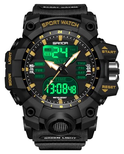 FANMIS Men's Analog Digital Sports Watch 50M LED Backlight Military Watch - color: X Black Gold