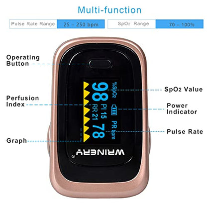 Oxygen Saturation Monitor, Wrinery Premium Pulse Oximeter Fingertip, Oxygen Monitor, O2 Saturation Monitor, OLED Portable Oximetry with Batteries, Lanyard (Rose gold-Royal black)