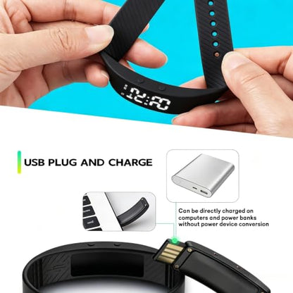 Vibrating Alarm Wristband Clock for Heavy Sleepers, Wake Band Wrist Watch Silent Vibration Bracelet, 3D Step Counting, Calorie Detection, Silent Alarm, Precise Timing - color: Black