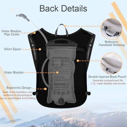 Running Vest Hydration Backpack for Men Women, Lightweight Breathable Hydration Packs, Adjustable Chest Straps Daypack, Reflective Water Running Vest for Marathon, Trail, Hiking, Cycling - color: Black