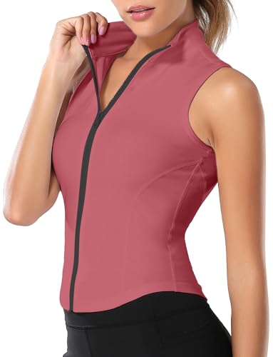 FEOYA Women Sleeveless Athletic Tank Top Shirts Full Zip Up Tshirt for Yoga Running Fitness Exercise - color: Upgrated Pink, size: X-Large