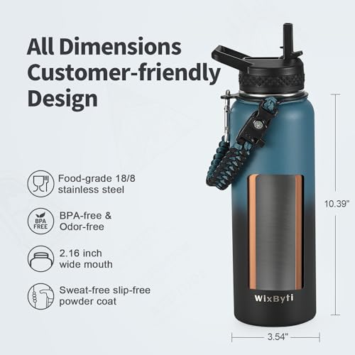 WixByti 40 oz Insulated Water Bottle with Straw, Stainless Steel Water Jug - color: Blue/Black Gradient, size: 40 Ounces