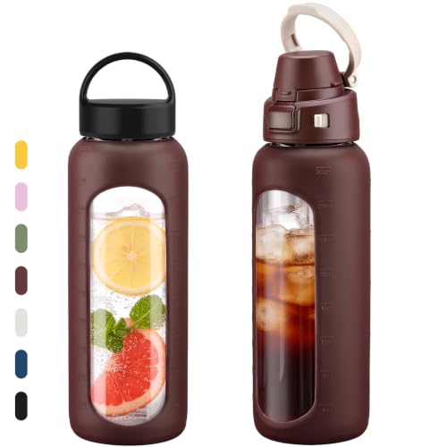 MUKOKO 32oz Glass Water Bottle with Straw, 2 Lids-Staw Lid and Screw Handle Lid, 1 Liter Reusable Drinking Bottle with Time Marker for Sports and Home, Brown - color: Brown, size: 32 Ounces