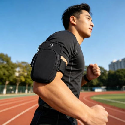 Running Armband with Earphone Bag, Armband Suitable for Most Phones, Water Resistant 2 Pockets (Black) - color: Black