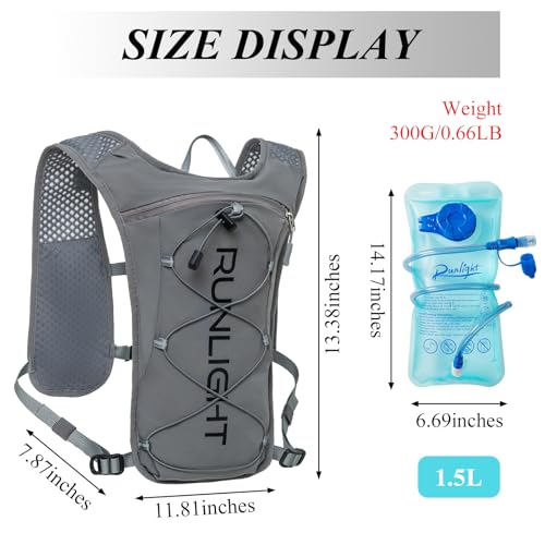 Runlight Running Vest for Women Men Lightweight Hydration Backpack Pack with 1.5L Water Bladder Bag Hydro Daypack for Hiking,Trail,Skiing,Camping,Cycling,Race,Marathon - color: Grey
