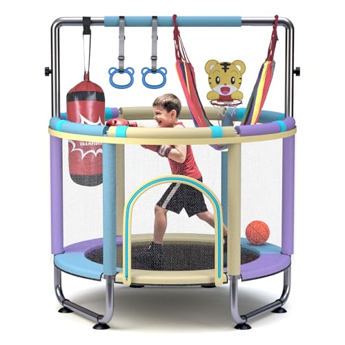 Trampoline for Kids 55inch Toddler Mini Small Trampoline Outdoor Indoor Basketball Hoop, Swing, Gift for Baby, Toddlers & Kids Ages 3-6 - color: Purple+Blue+Yellow