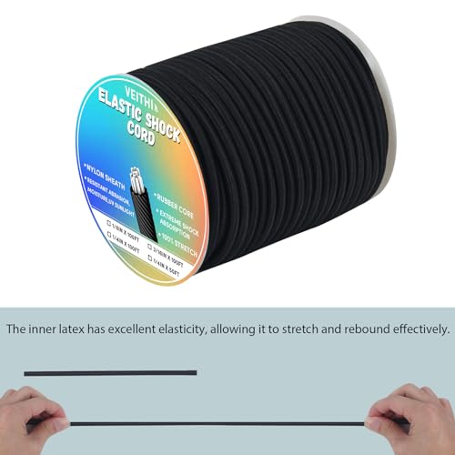1/4 in x 50 ft Elastic Bungee Shock Cord,Black Nylon Elastic Rope,Roll-Bungee Shock Cord for Camping, Kayak,Decks for Repairing Tent Poles, DIY, Tie Downs - style: 1/4inx50ft Black