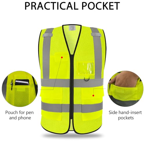 wefeyuv Reflective Safety Vest Class 2 High Visibility Vest pocket - color: Hi-vis Yellow-2, size: Large