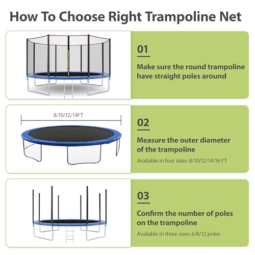 Trampoline Net Replacement 8/10/12/14/16FT Safety Enclosure Nets - size: 8FT 6Poles