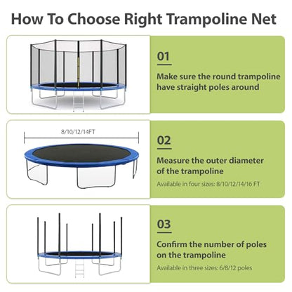Trampoline Net Replacement 8/10/12/14/16FT Safety Enclosure Nets - size: 10FT 6Poles