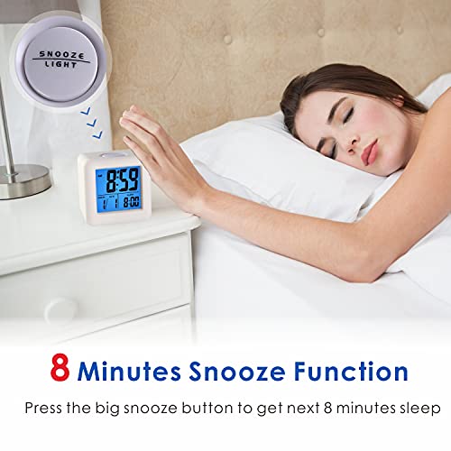 Plumeet Easy to Set Digital Travel Alarm Clock, Snooze Function, Soft Night Light, Large Screen time and Month and Date Display and Alarm, Progressive Sound Alarm and Handy Size (White) - color: White