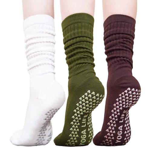 Grip Pilates Socks for Women Mid Calf Slouch Yoga Socks with Non Slip Grippers - color: White/Brown/Green