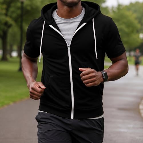 Ohoo Mens Slim Fit Zip up Hoodie Cotton Blend Soft Fabric Short Sleeve Lightweight Comfy Basic Jacket with Kanga Pocket - color: Dcf007-black, size: 3X-Large